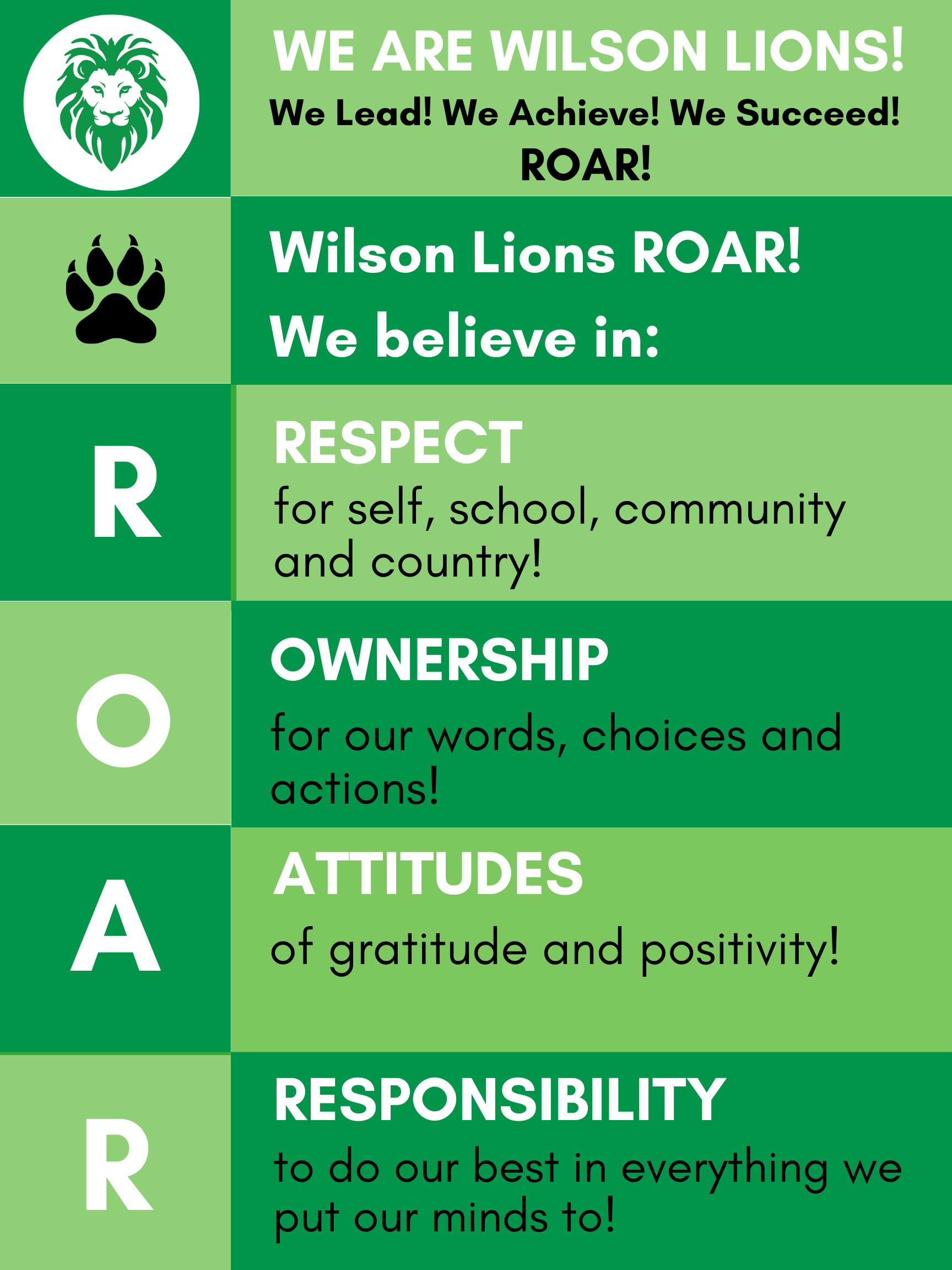 We are Wilson Lions! We Lead! We Achieve! We succeed! ROAR! Respect, Ownership, Attitudes, Responsibility.